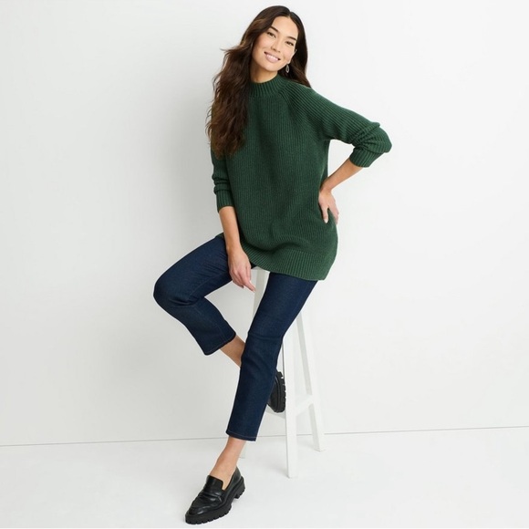 NWT LANDS’ END Drifter Mock Turtleneck 100% Cotton Hunter Green Sweater M - Picture 1 of 9